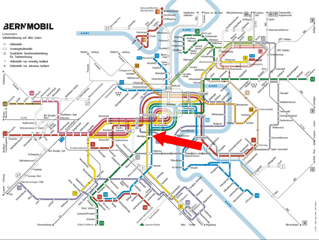 Trein- en tramkaart van Bern.