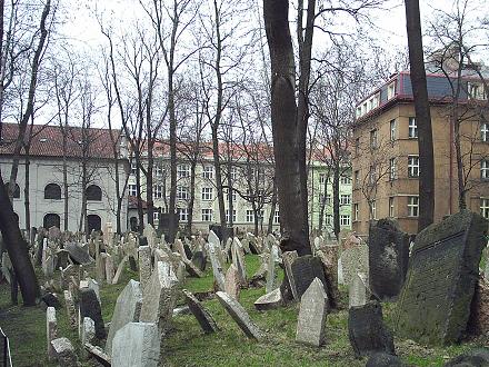 Oude Joodse begraafplaats: Stary zidovsky hbitov. Op deze begraafplaats werden alle Praagse Joden tot 1787 begraven, in dat jaar kwam er namelijk een nieuwe begraafplaats. Deze plek is n van de engste plekken in Praag die doet denken aan de grote Joodse gemeenschap toendertijd. Er staan maar liefst 12.000 grafzerken op dit kleine stukje grond.