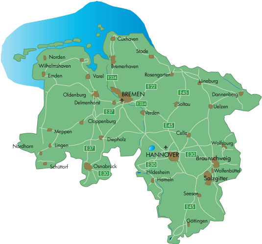 Kaart van Niedersachsen.