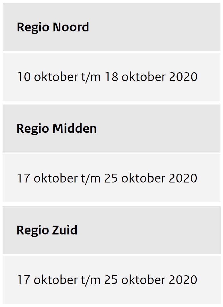 data herfstvakantie 2020 per regio