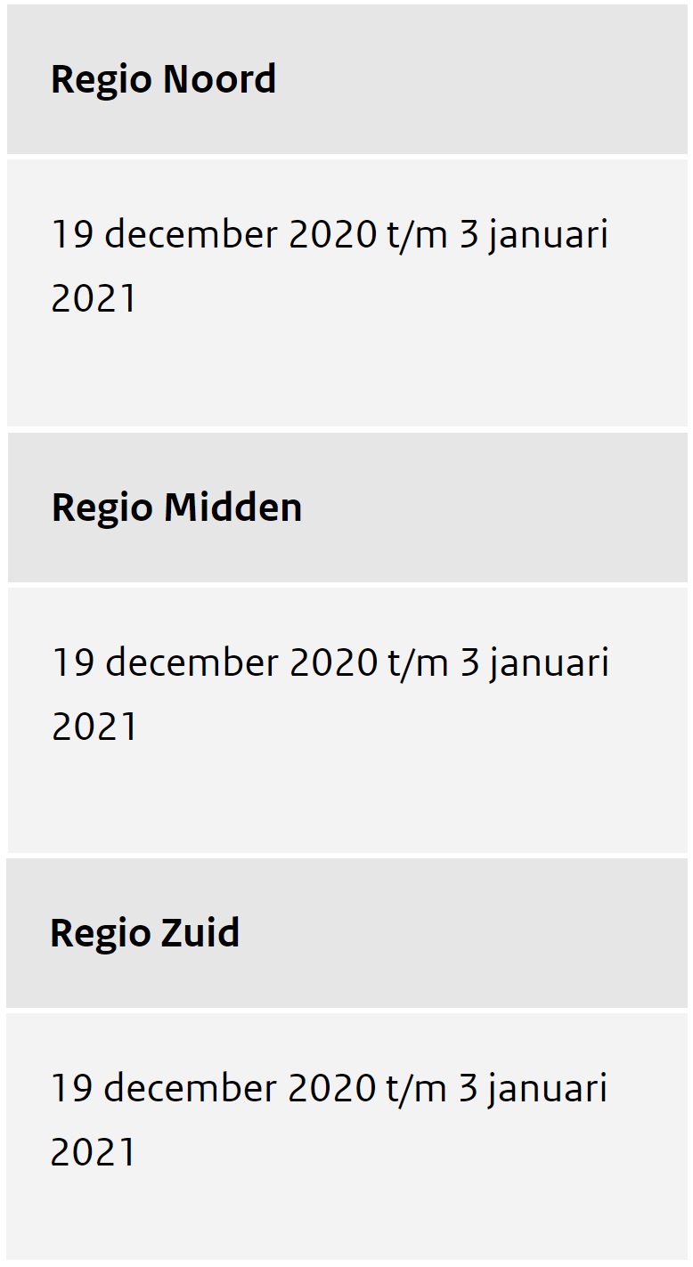 data kerstvakantie 2020 / 2021 per regio