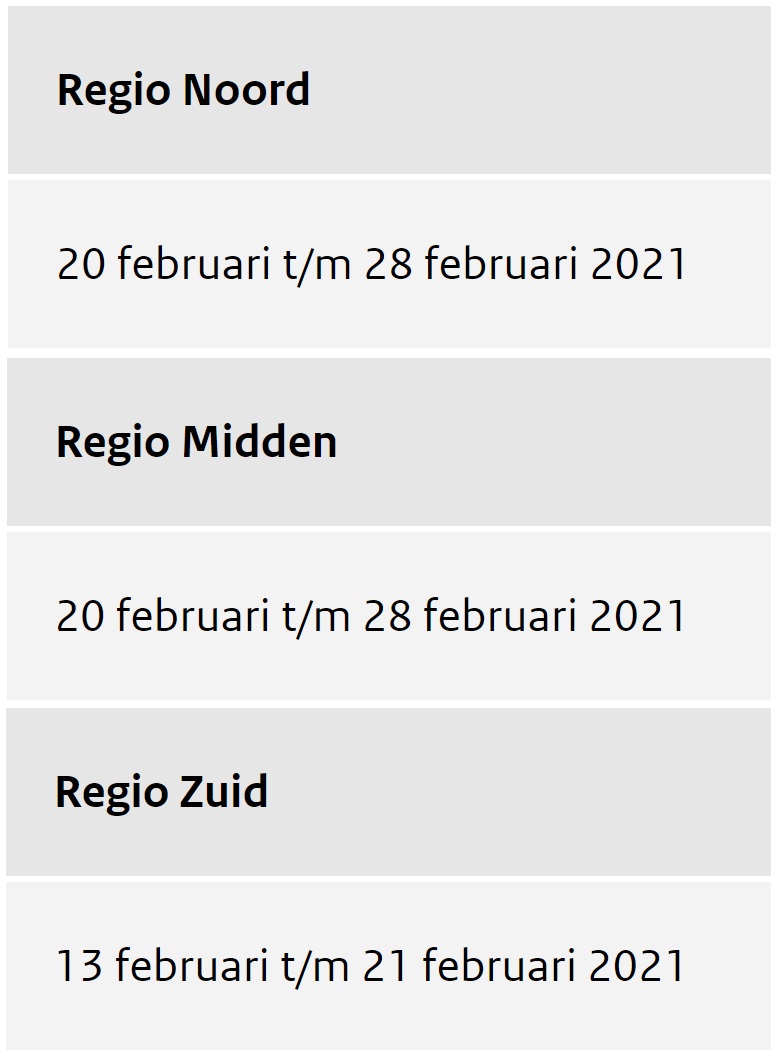 data voorjaarsvakantie 2021 per regio