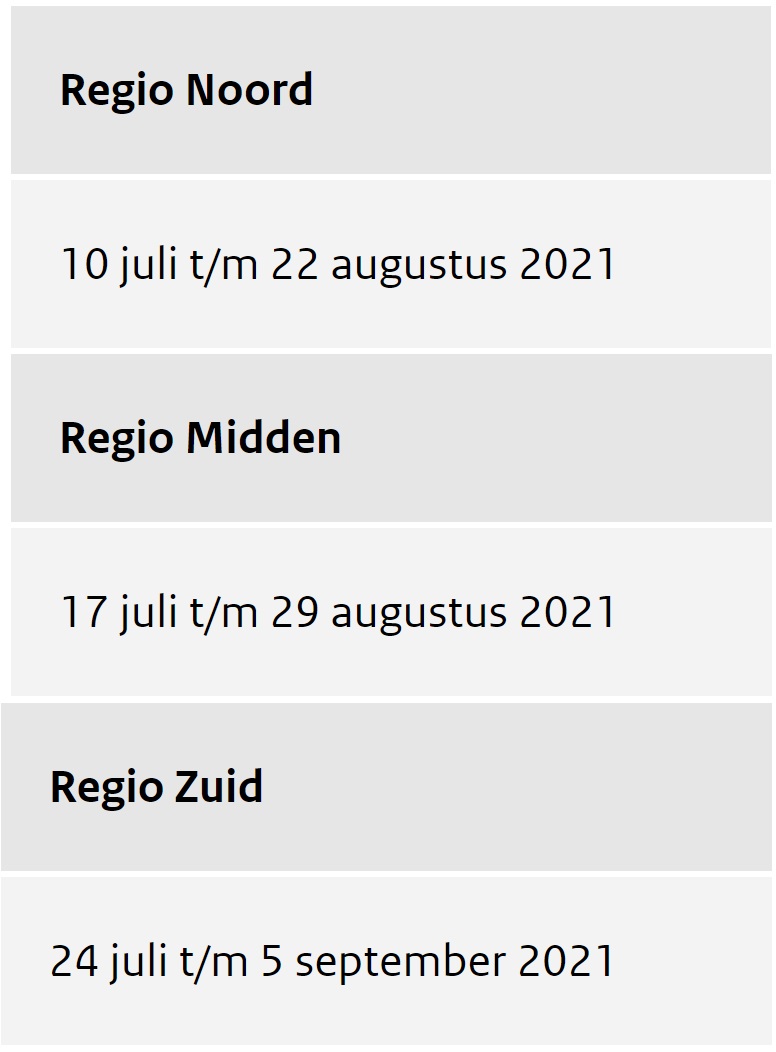 data zomervakantie 2021 per regio