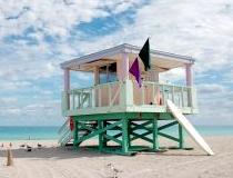 Miami Beach's famous art deco inspired lifeguard station with the atlantic ocean as background